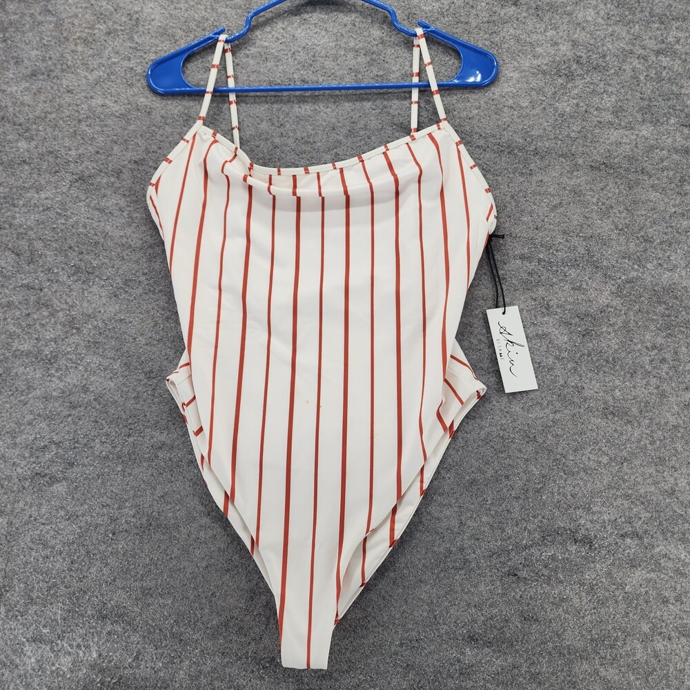 Skin by Same One Piece Swimsuit Womens XXL White Red Striped Swimwear